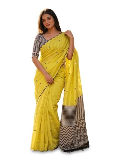 Image of Linen Cotton Saree with Black Mirror Work