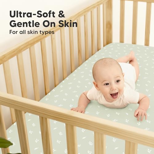 Image of 2-Pack Waterproof Baby Crib Sheets for Boys, Girls, 52x28 (Herb) | Viscose Derived from Bamboo Toddler Bed Sheet Neutral, Fitted Crib Mattress Protector Cover for Baby Bedding, Soft & Gentle
