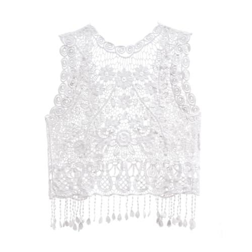 Image of Girls Crochet Vest Cardigan with Fringe V-Neck Sleeveless Boho Vest Hollow Out Cardigan