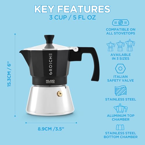 Image of GROSCHE Milano Induction Stovetop Espresso Maker Moka Pot for Greca, Induction, Electric & Gas Stoves, Dishwasher Safe Stovetop Espresso Maker | 3 Espresso Cup, Black