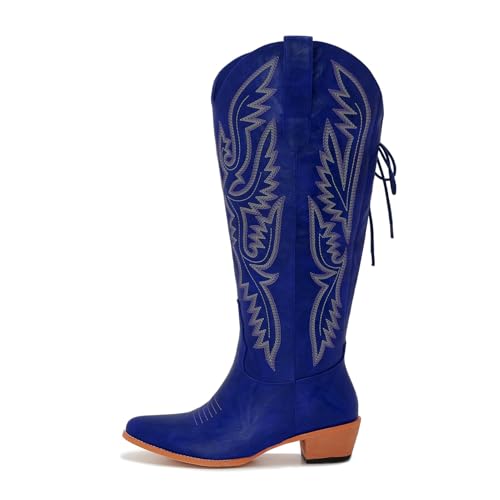 Image of Uillnoodu Wide Calf Cowboy Boots Women Adjustable Lace Up Knee High Tall Plus Size Cowgirl Boots Western Style Comfortable 2-Inch Heel