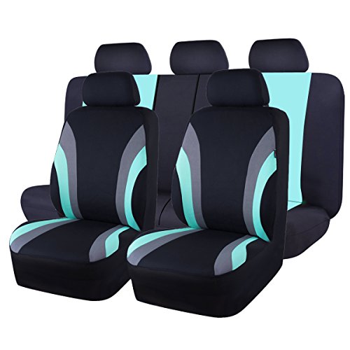 CAR PASS Line Rider Sporty Cloth 11PCS Universal Fit Car Seat Cover -100% Breathable with 5mm Composite Sponge Inside,Airbag Compatible,3zipper Bench(Full Set, Black and Mint) by CAR PASS - Used condition - US$27.42