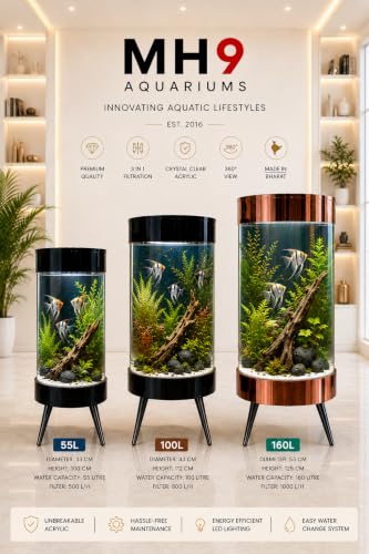 Image of MH9 55 Litre Smart Cylindrical Aquarium-500L /H Powerful Filter,Dual LED,Oxygen Bubble System,Water & Bio Waste Drainage System,Switch Control,Digital Temp. Display,SS Leg Stand (33x33x100cm) Black