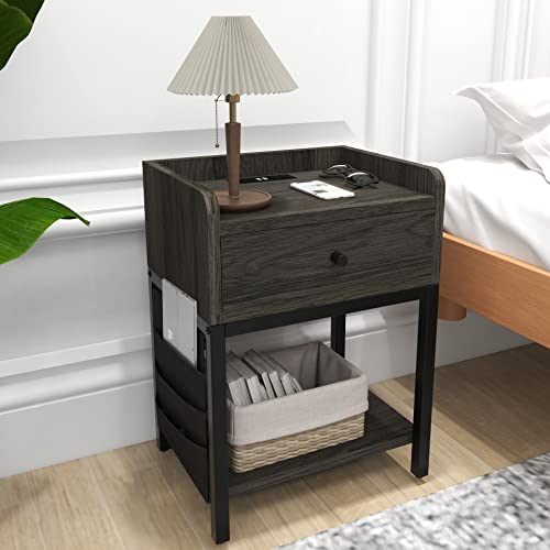 Furniouse End Table With Charging Station,Sofa Side Table With Usb Ports And Outlets,Nightstand Sofa Table With Drawer And Side Pocketfor Living Room, Study, Bedroom, Industrial(Gray) #TOP1