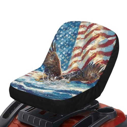 Tomeusey Riding Lawn Mower Seat Cover High Back Fits Tractor Seat Cushion, American Flag Eagle Sea Wave Print Easy Install Lawn Mower Seat Protector Without Armrest for Craftsman