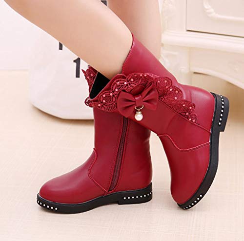 Kids Girl's Waterproof Lace Bowknot Side Zipper Fur Lined Tall Winter Riding Boots Fashion Warm Bootie2