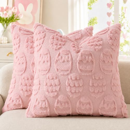Image of decorUhome Easter Pink Egg Pillow Covers 16x16 Inch Set of 2, Soft Plush Faux Wool Jacquard Cushion Covers, Farmhouse Neutral Fuzzy Spring Easter Holiday Decor for Couch Sofa Bed