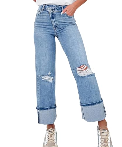 Women's Solid Color High Waisted Ripped Jeans Stretchy Rolled Hem Straight Leg Tall Jeans
