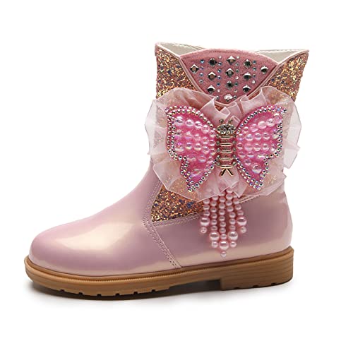 Girls Bowknot Ankle Boots Waterproof Faux Leather Side Zipper Winter Short Boots Children's Princess Boots (Pink, 10-10.5 Years Big Kids)4