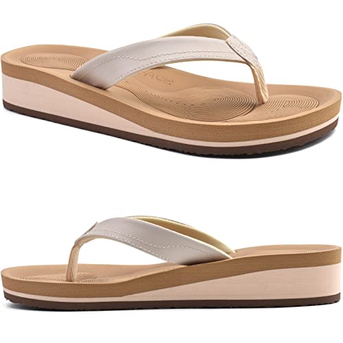 Coface Leather Flip Flops For Women With Comfortable Arch Support Ladies Fashion Platform Thong Sandals Soft Yoga Mat Sole For Beach/Indoor Outdoor #TOP3