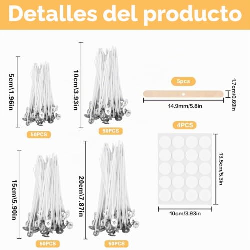 Miniatura 2 de Mechas Para Velas, 200 Mechas Para Velas, 5 Cm 10 Cm 15 Cm 20 Cm, Mechas Naturales Para Velas Con Soporte Para Mecha De Madera Y Adhesivo De Doble Cara, Para Hacer Velas