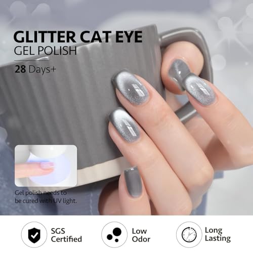 Image of 9D Glitter Cat Eye Gel Magnetic Nail Polish Gel Art Manicure DIY at Home Soak Off UV Gel (Silver, 7.5ml)