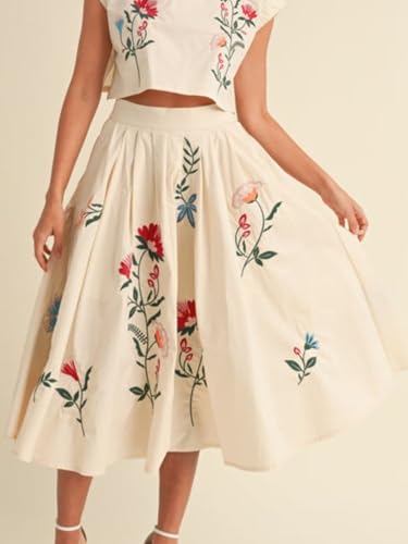 Women’s Embroidered Elastic High Waist A-Line Maxi Long Skirt Bohemian Long Skirts Dress with Pockets3