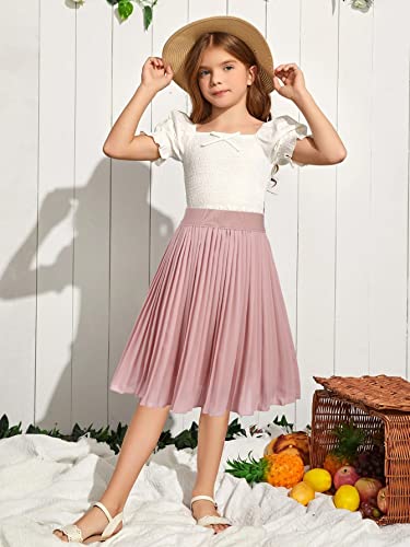 Hopeac Girls Chiffon Pleated Skirt High Waist A-Line Solid Skater Flared Midi Skirt Pink #TOP2