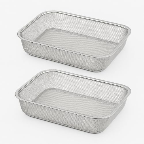 Image of Zupa Rust-Proof Stainless Steel Rectangular Strainer & Storage Basket | Multipurpose Fruit, Vegetable & Fridge Organizer (Silver) | 32 X 24 X 7 CM | Set of 2