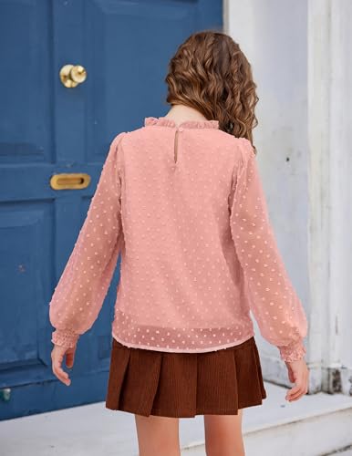 Image of Arshiner Girls Long Sleeve Shirts Chiffon Blouses Swiss Dot Frill Neck Top