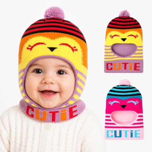 Image of Nilavan Unisex Woolen Monkey Caps for Babies (Pack of 2) | Soft Knitted Balaclava Winter Caps with Ear & Neck Coverage | Cute Face Muffler Cap for Newborn, Infants & Toddlers