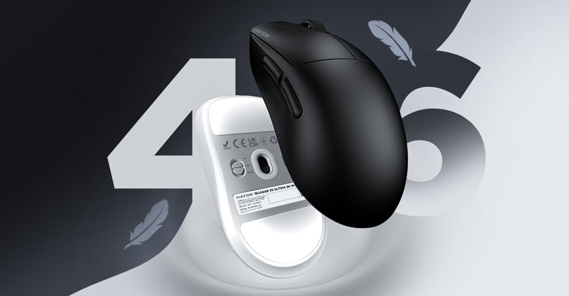 HATOR Quasar 3S Ultima 8K Wireless Ratón Gaming inalámbrico, 46g Ultraligero, PixArt PAW3950 Sensor, 30000 dpi, Optical Switches 100M, 8000Hz, 2.4GHz/Bluetooth 5.4/USB-C, PTFE Skates, PC/Mac (Blanco)