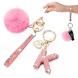 Llavero con letra inicial para mujeres y niñas, con diamantes de imitación brillantes, bolso de mochila, monedero, bonito llavero con pompón de coche, K-rosado, 3*3*6