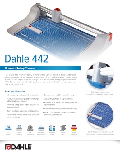 Dahle 442 Premium Rotary Trimmer, 20" Cut Length, 30 Sheet Capacity, Self-Sharpening, Automatic Clamp, German Engineered Paper Cutter