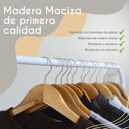 Miniatura 3 de PORTENTUM Perchas de Madera, Set de 10, Color Natural - Gancho Giratorio 360º, Muescas para Vestidos y Blusas, Barra Antideslizante para Pantalones, Aptas para Trajes, Camisas, Chaquetas