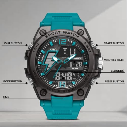 Image of V2A Stryke 45mm Analog Digital Sports Watch for Men | Hybrid Layered Dial | Alarm Stopwatch Backlight Day Date | TPU Strap | 30M Water Resistant | Gift for Mens