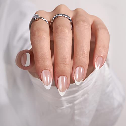 French Tip Press On Nails - BTArtbox White Almond Medium Reusable Stick On Nails in 15 Sizes - 30 Soft Gel Fake Nail Kit for Women Gift, Classic - Thumbnail 2