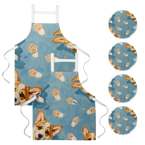 Tablier de cuisine imprimé pattes de Corgi lot de 2 avec 4 broches pratiques