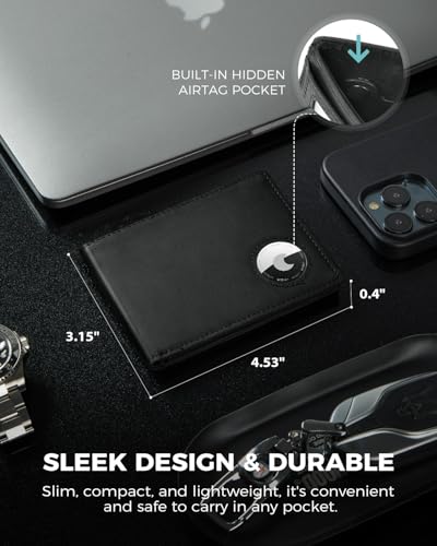 Wallet for Men for Apple AirTag, Bifold Full Grain Leather Mens AirTag Wallet with AirTag Holder, RFID Blocking Air Tag Wallet with ID Window up to 12 Cards Gifts for Men2