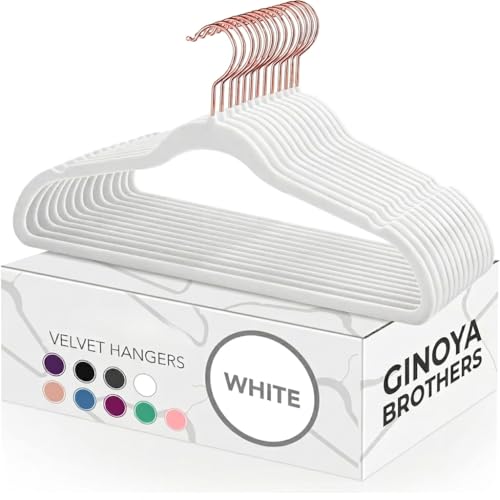 Image of Ginoya brothers Velvet Hangers,Non Slip Notched with Rose Gold Hook Coat /Suit Hangers,Space Saving 360 Degree Swivel Hook Clothes Hangers Wardrobe Hanger. (20, White)