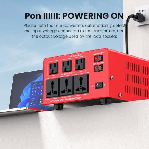 Image of 10000W Heavy Duty Voltage Converter Transformer - Step Up 110V to 220V & Step Down 220V to 110V, Auto Input Recognition, 3 US & 3 Universal Outlets, LCD Display, Circuit Breaker for Travel & Home