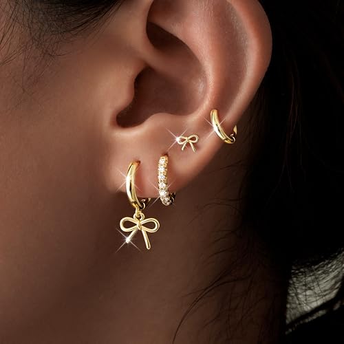 Image of Small Gold Huggie Hoop Earrings Set for Women Men Hypoallergenic 14K Plated Stack Cartilage Earrings, Sterling Silver Multiple Piercing Lightweight Mini Thin Cute Dainty Trendy Jewelry Gifts for Women