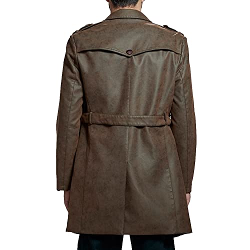 Shopzoom Men's Casual Faux Leather Windbreaker Long Trench Coat Notch Lapel Double Breasted Windproof Overcoat #TOP4