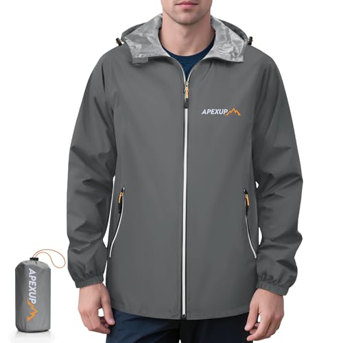 APEXUP Packable Rain Jacket Men with Reflective Zipper, Lightweight Waterproof Raincoat, Mens Rain Jacket for Outdoor Sports Grey Large