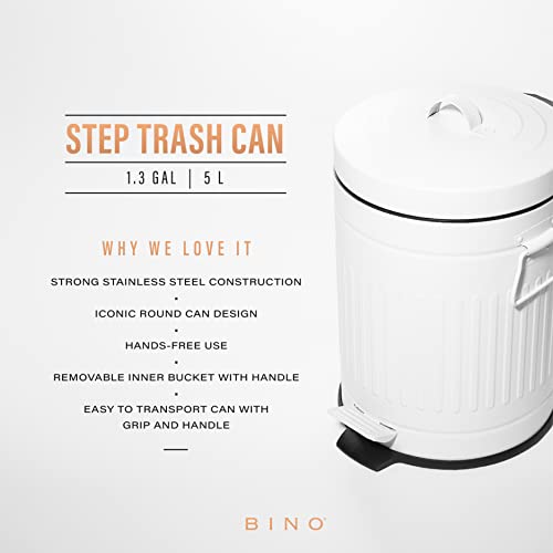 Bino Round Step Trash Can | Home Or Office Bathroom Trash Cans With Lids | Kitchen Garbage Can With Non-Slip Stepper | Stainless Steel Small Trash Can With Lid | Matte White (1.3 Gallon/5 Liter) #TOP1