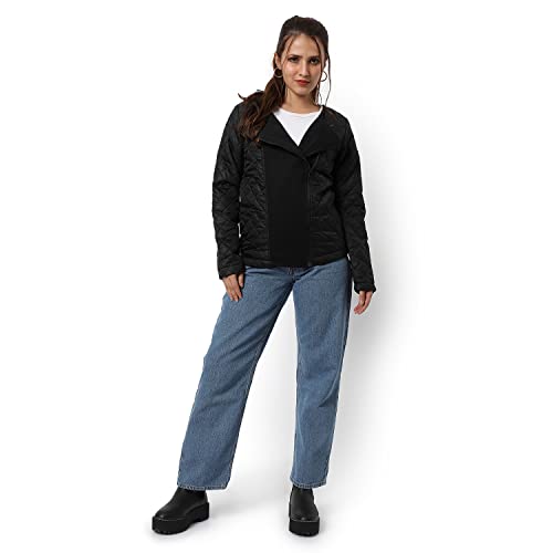 Image of Campus Sutra Women Black Regular Fit Bomber Jacket For Winter Wear | Standing Collar | Full Sleeve | Zipper | Casual Jacket For Woman & Girl | Western Stylish Jacket For Women