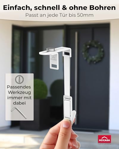 MDCASA Türhaken, weiß I Türkranzhalter Außentür I Beidseitig verwendbarer Türhaken zum Einhängen I verstellbarer Haken zum Einhängen