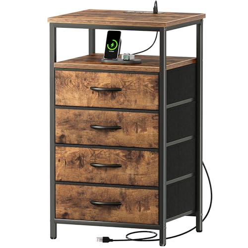 Huuger Night Stand with Charging Station, 4 Drawer Dresser for Bedroom, Bedside Table, 33.9 Inch Tall Nightstand with Open Shelf, End Table, for Closet, Entryway, Bedroom, Rustic Brown