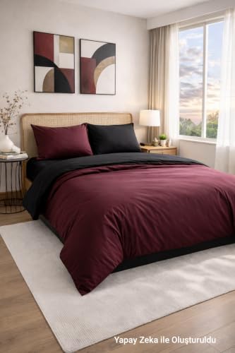 Tek Kişilik Battal Boy, Çift Kişilik Nevresim Takımı (Lastikli Çarşaf+Yastık Kılıf+Yorgan Kılıfı) Çift Yönlü Pamuk-Polyester 90x190 100x200 120x200 160x200 180x200 200x200 (Bordo-Siyah, 100x200)