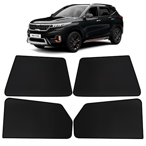 Image of OTO2EYE Car Sun Shade Compatible for Kia Seltos Model 2019 to 2023, Z-Black Fix Type Side Window Curtains, Only Half Cut in Front Window, 4 Pieces Set