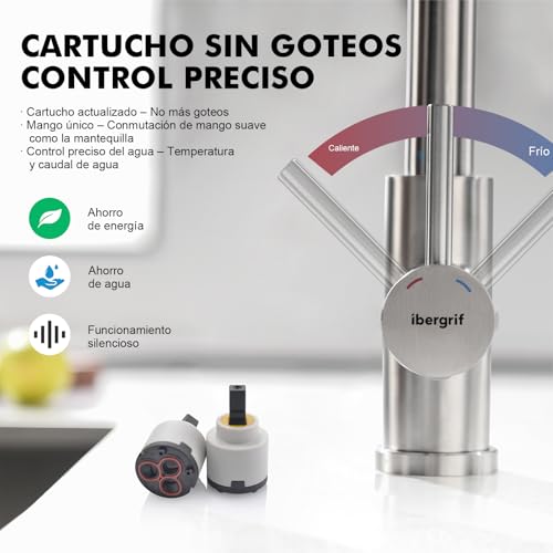 Miniatura 4 de Ibergrif M22137 Grifo Cocina Extraible Con 3 Modos, Grifo Fregadero Cocina Giratorio A 360 Grados, Cold Start, Ahorro De Energía, Acero Inoxidable