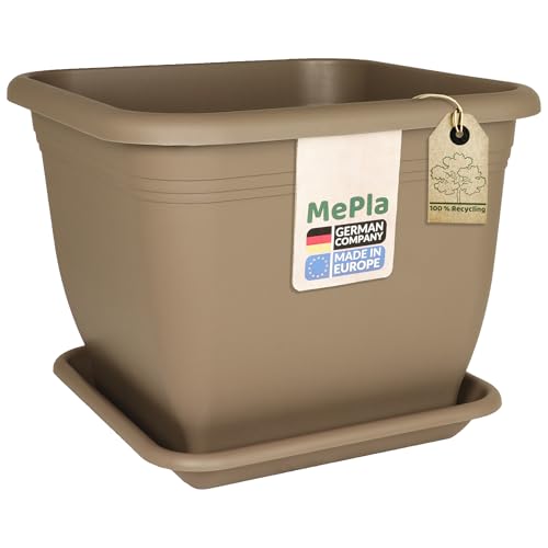 MePla - Blumentopf Pflanzkübel Quadrat 33x33 cm + Untersetzer 28x28 cm, Taupe, wetterfest aus UV-beständigem Kunststoff