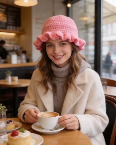 Image of Women Crochet Bucket Hat Cute Winter Ruffled Brim Floppy Cap Handmade Knit Cloche Hats