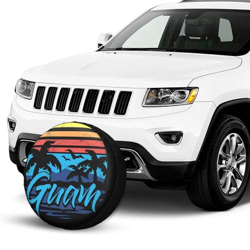 Image of Guam Island Flag Palm Trees Spare Tire Cover Weatherproof Wheel Protectors Dust-Proof Sun Protection Wheel Tire Covers Universal Fit for Truck SUV RV Camper Trailer Car Accessories 17 inch