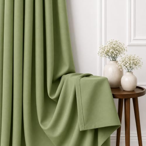 Image of THE LINEN COMPANY Extra Long Back Loop Curtains | Blackout Hall Door Curtains | Thermal Insulated Room Darkening Curtains Set of 2 - Avocado Green, 10 Feet
