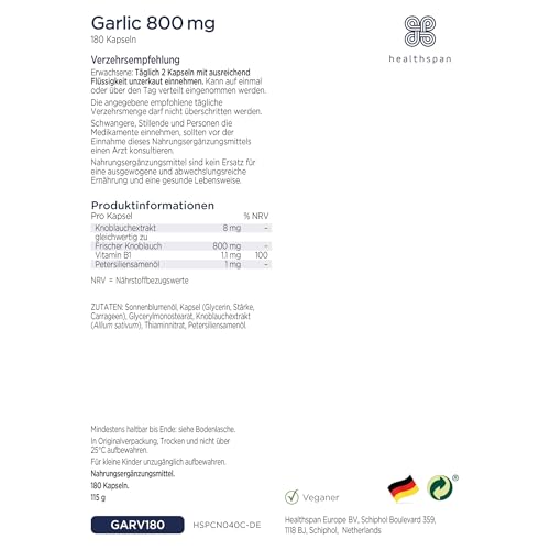 Healthspan Knoblauch 800 mg | Herzgesundheit | Zusatz von Vitamin B1 | Zusatz von Petersilienöl für die Neutralisierung des Geruchs | Vegan | 180 Kapseln