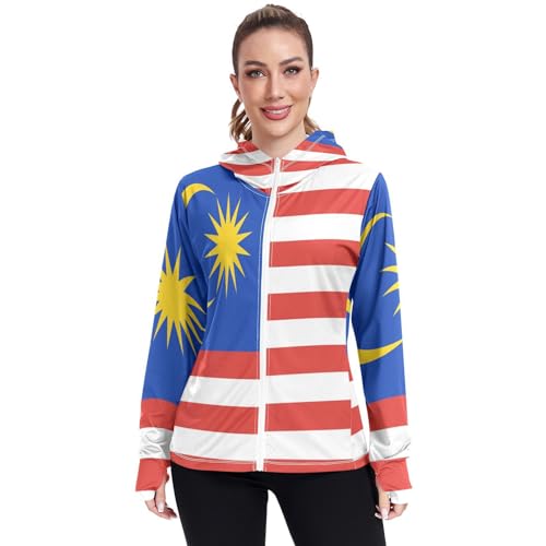 Malaysia Flag Womens UPF 50+ Sun Protection Hoodie Jacket Lightweight Long Sleeve Sun Shirt with Pocket Multicoloured