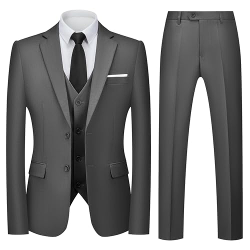 Autsel Trajes para Hombre Slim Fit de 3 Piezas Vestido de Novia Elegantes Suits Negocio Boda Blazer Chalecos Pantalones Gris Oscuro XL