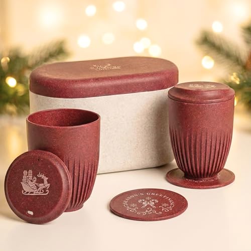 Image of Eha Earth-Friendly Christmas Gifts for Friends and Family | Secret Santa Gifts | Made with Rice Husk | Printed Christmas Mug and Coasters Set of 2, Keychain & Loopac Box | 360 ml | Coral