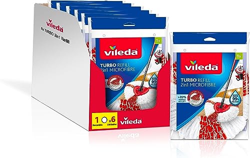 Imagen de Vileda-Recambio Turbo 2en1; compatible con todos los sistemas Turbo de Vileda; 20% de rendimiento extra; apto para todo tipo de suelos duros; elimina el 99% de las bacterias solo con agua; 6 unidades